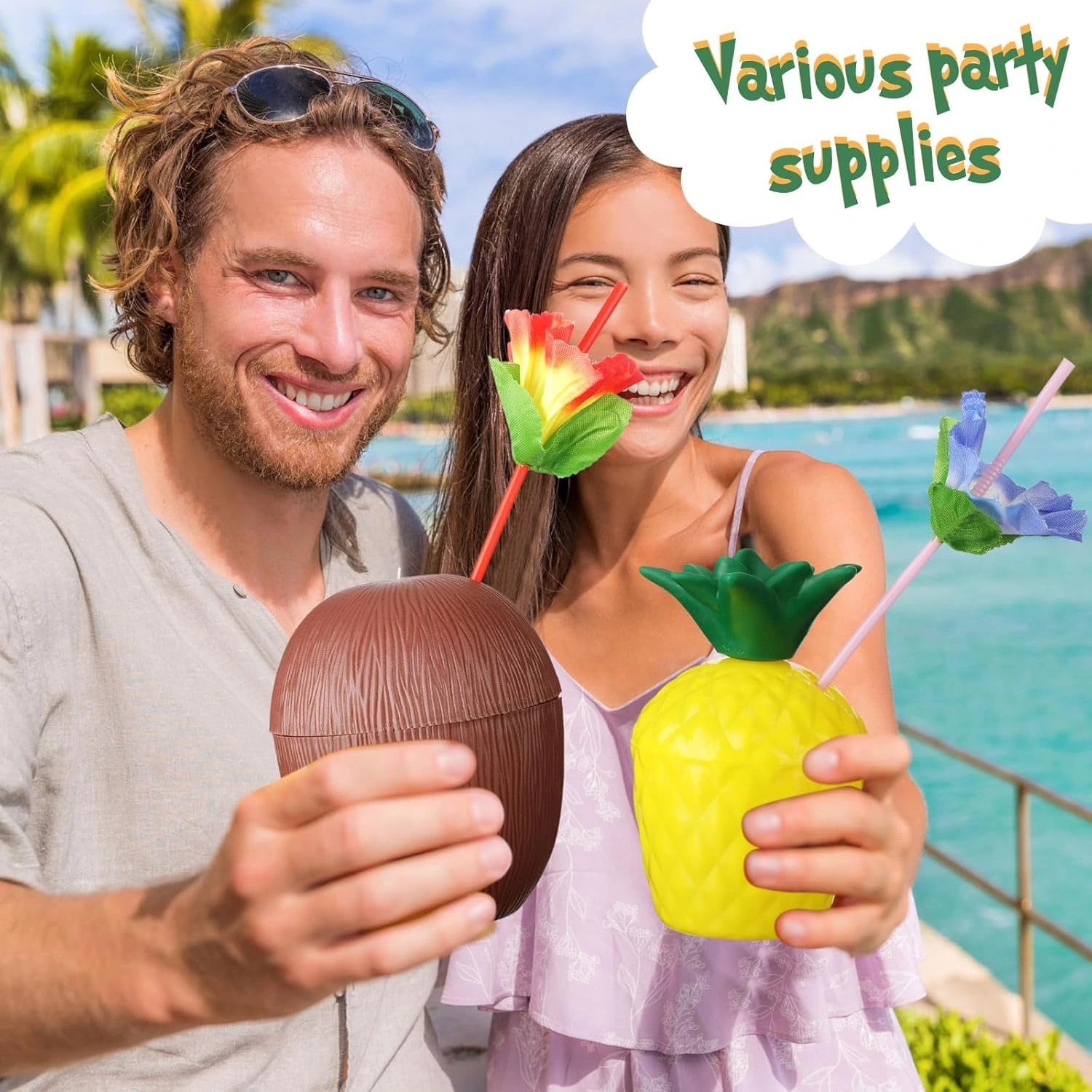 Tropikal Parti Bardak Seti - Ananas Ve Hindistan Cevizi Şekilli Pipetli Bardaklar (20 Adet)