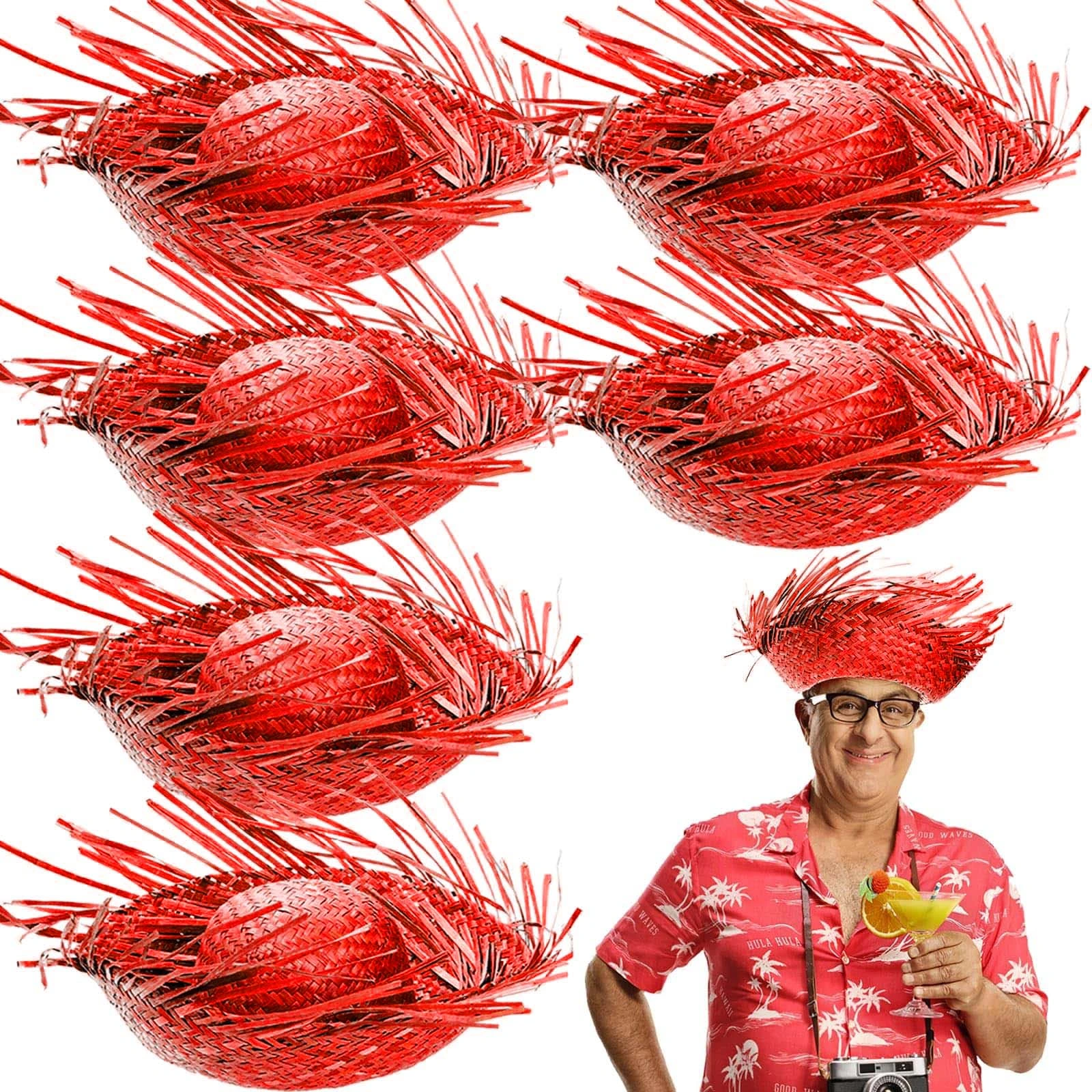 Tropikal Parti Kırmızı Hasır Hawaii Şapkası 13x36 Cm