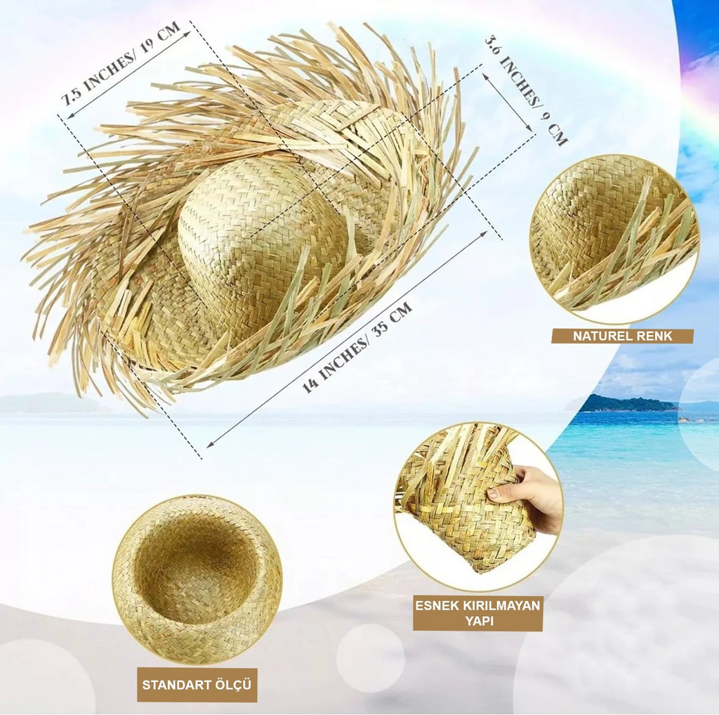 Tropikal Parti Naturel Hasır Hawaii Şapkası 13x36 Cm