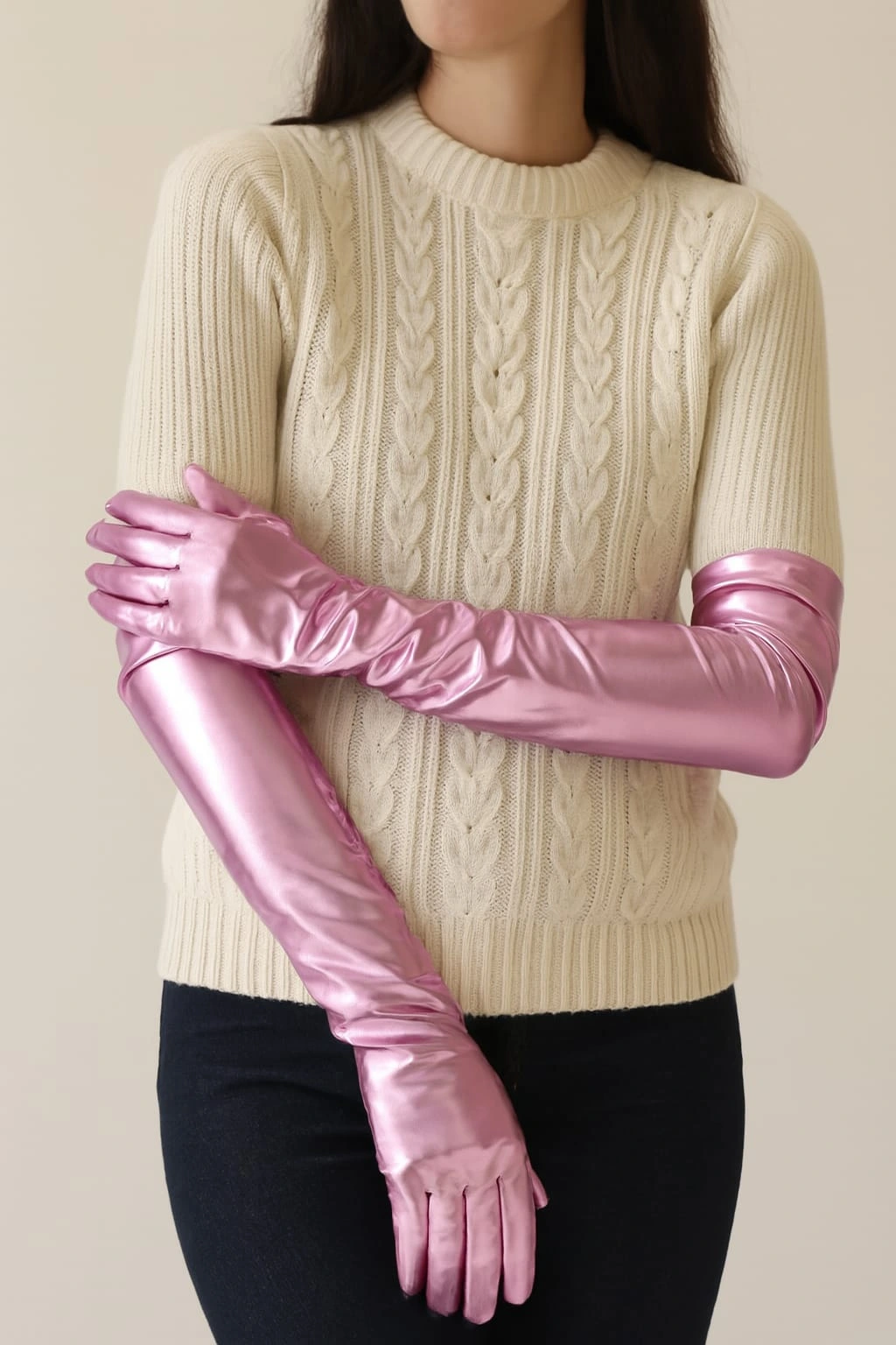 Uzun Boy Ekstra Parlak Saten Eldiven Pembe Renk