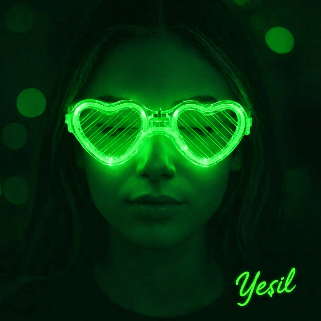 Yeşil Led Işıklı Kalp Gözlük - 3 Modlu Parti & Glow Gözlüğü