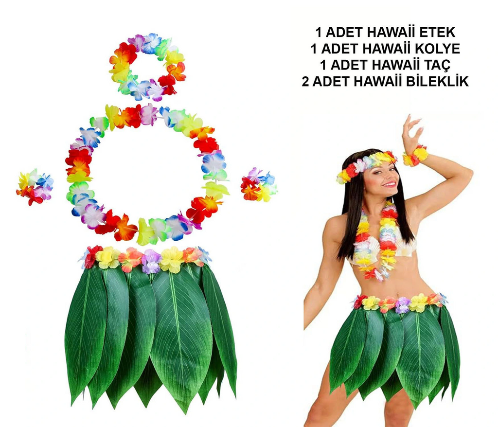 Yetişkin Hawaii Kostüm Seti - Yaprak Etek & Hawaii Set - 5 Parça
